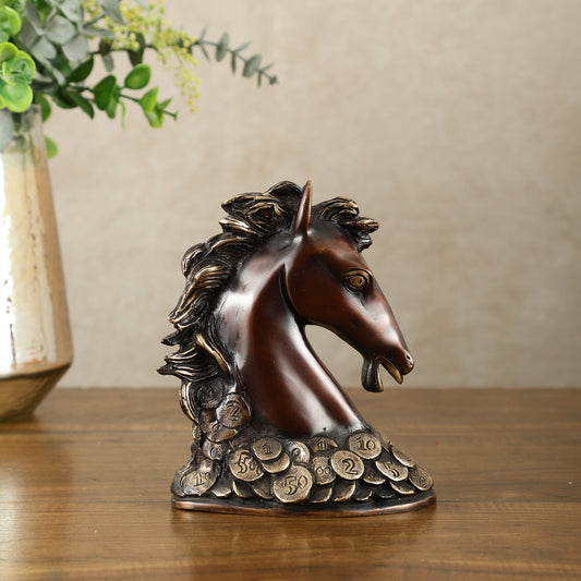 Vastu Feng Shui Lucky Brown Horse Head with Coins Brass Showpiece | 7"