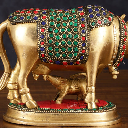 Brass Kamdhenu Cow with Calf Statue - Meenakari Stonework