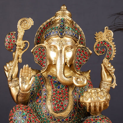 Pure Brass Ganesha Seated on Lotus Idol 11 inch