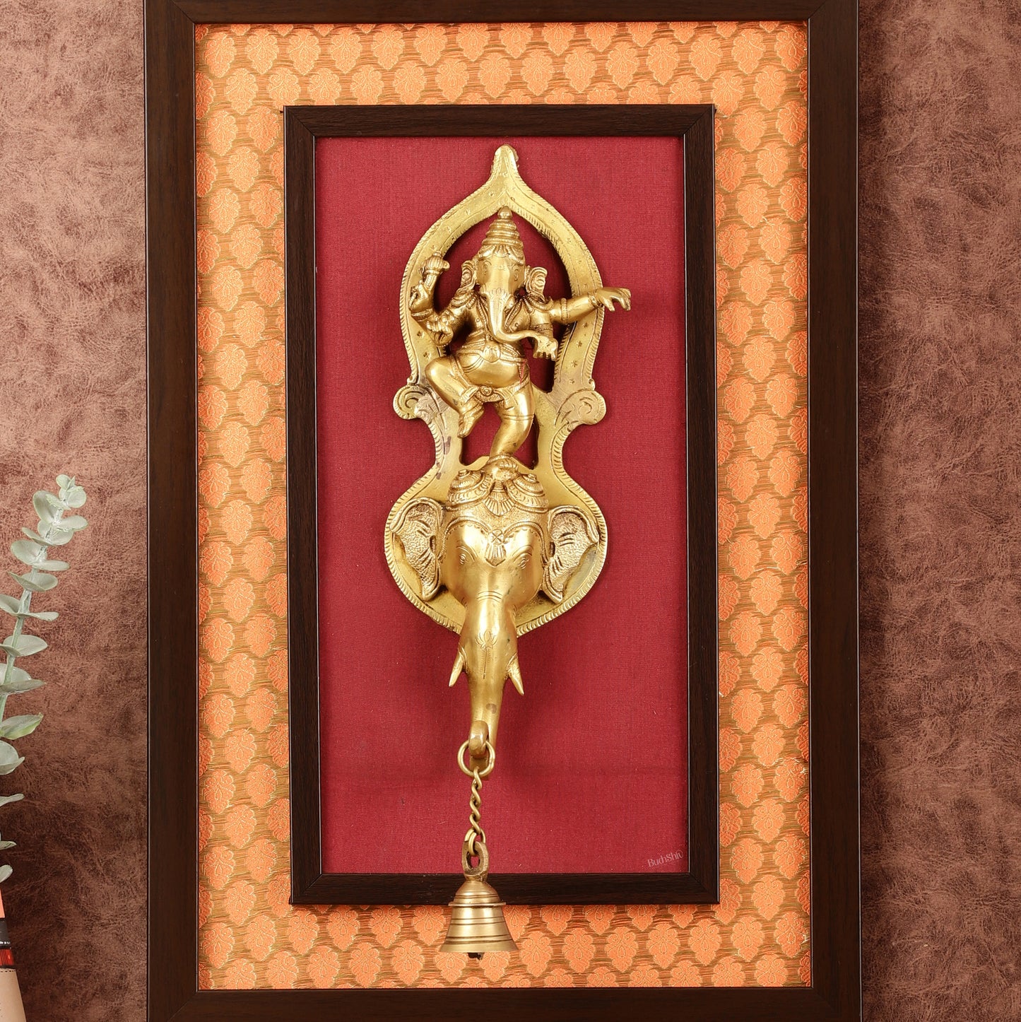 Brass Dancing Ganesha Wall Hanging on Wooden Frame with Premium Fabric - 20" x 13.5"