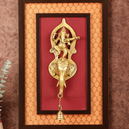 Brass Dancing Ganesha Wall Hanging on Wooden Frame with Premium Fabric - 20" x 13.5"