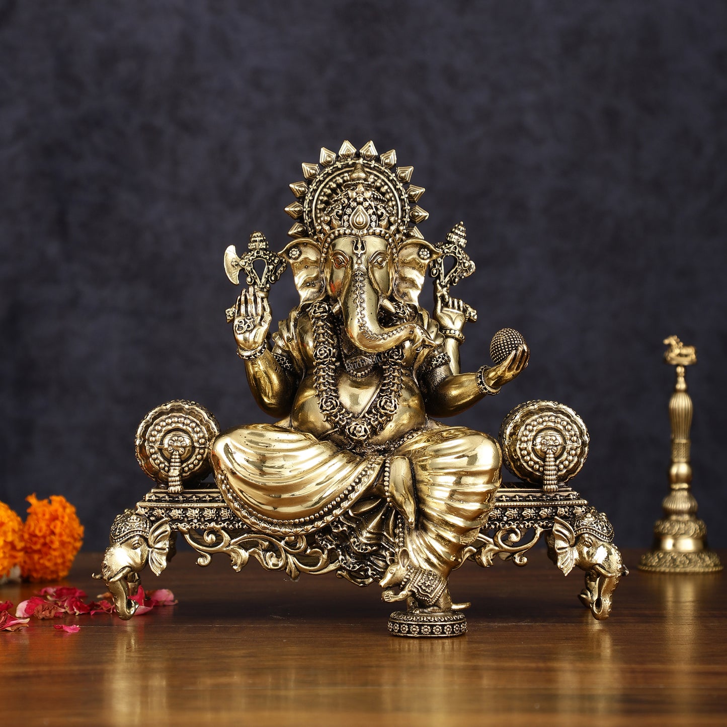 Brass Superfine Large Ganesha Lakshmi Saraswati Idol Set - 7 Inch