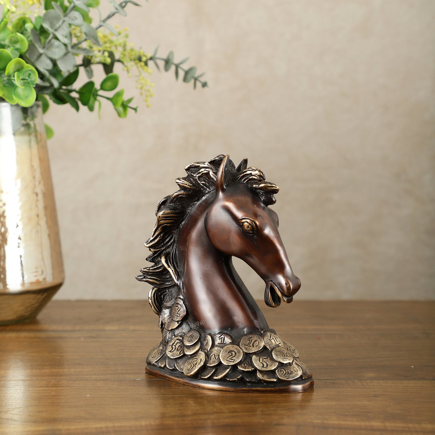 Vastu Feng Shui Lucky Brown Horse Head with Coins Brass Showpiece | 7"