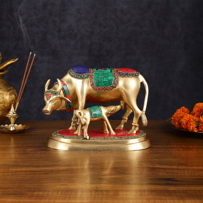 Exquisite Pure Brass Kamdhenu Cow and Calf Statue with Meenakari Stonework 8"