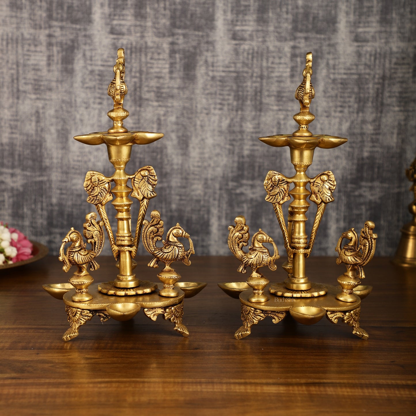 Brass Handcrafted Peacock Diya with Eight Diyas | 12 Inch Height