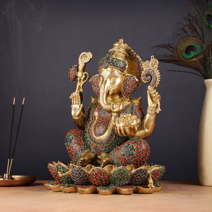 Pure Brass Ganesha Seated on Lotus Idol 11 inch