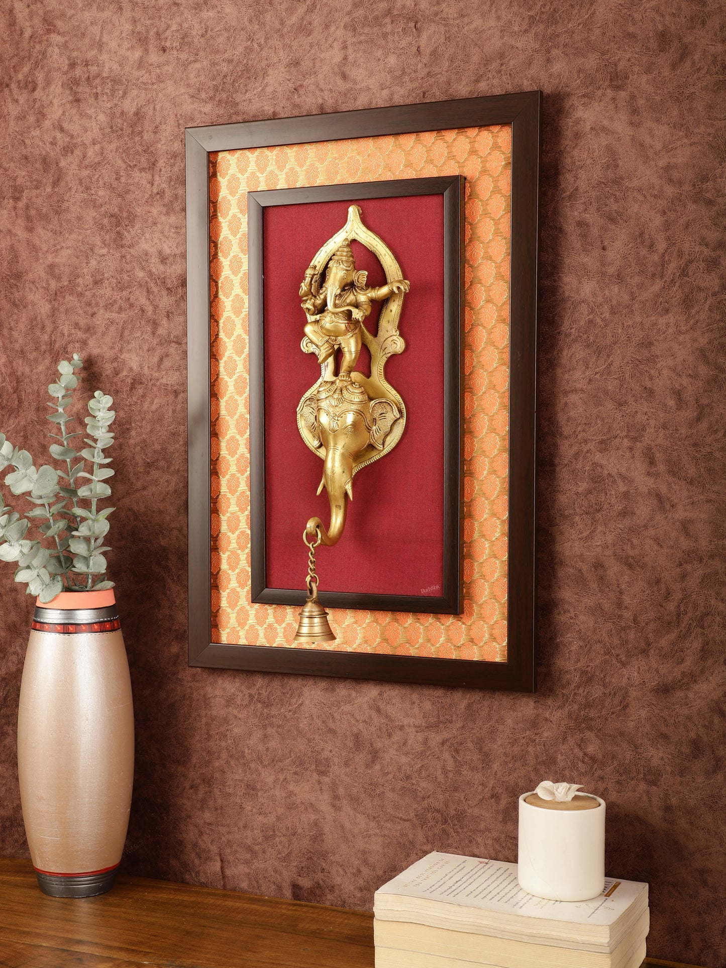 Brass Dancing Ganesha Wall Hanging on Wooden Frame with Premium Fabric - 20" x 13.5"