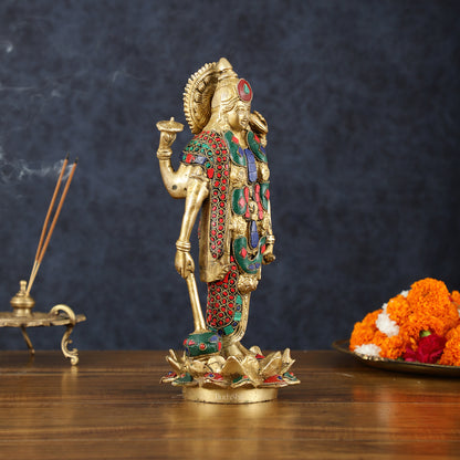 Exquisite Brass Standing satyanarayan Vishnu Statue on Lotus Base - 12.5 Inches