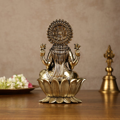 Brass Goddess Dhan Lakshmi on Lotus Idol - 7.5 Inch