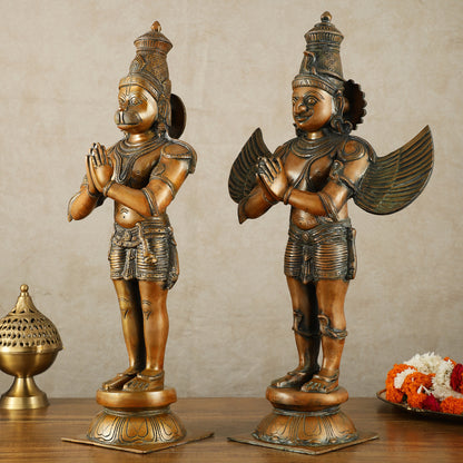 Pure Brass Lord Hanuman and Garuda Statue pair 22" vintage bronze tone