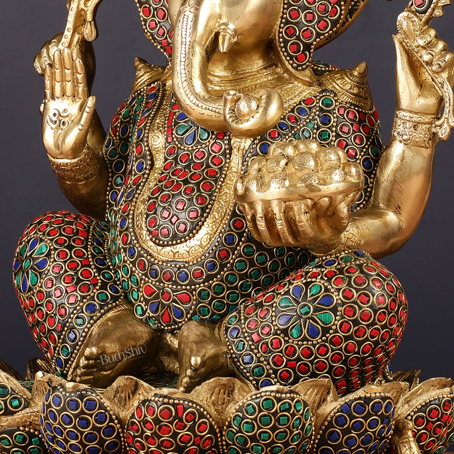 Pure Brass Ganesha Seated on Lotus Idol 11 inch