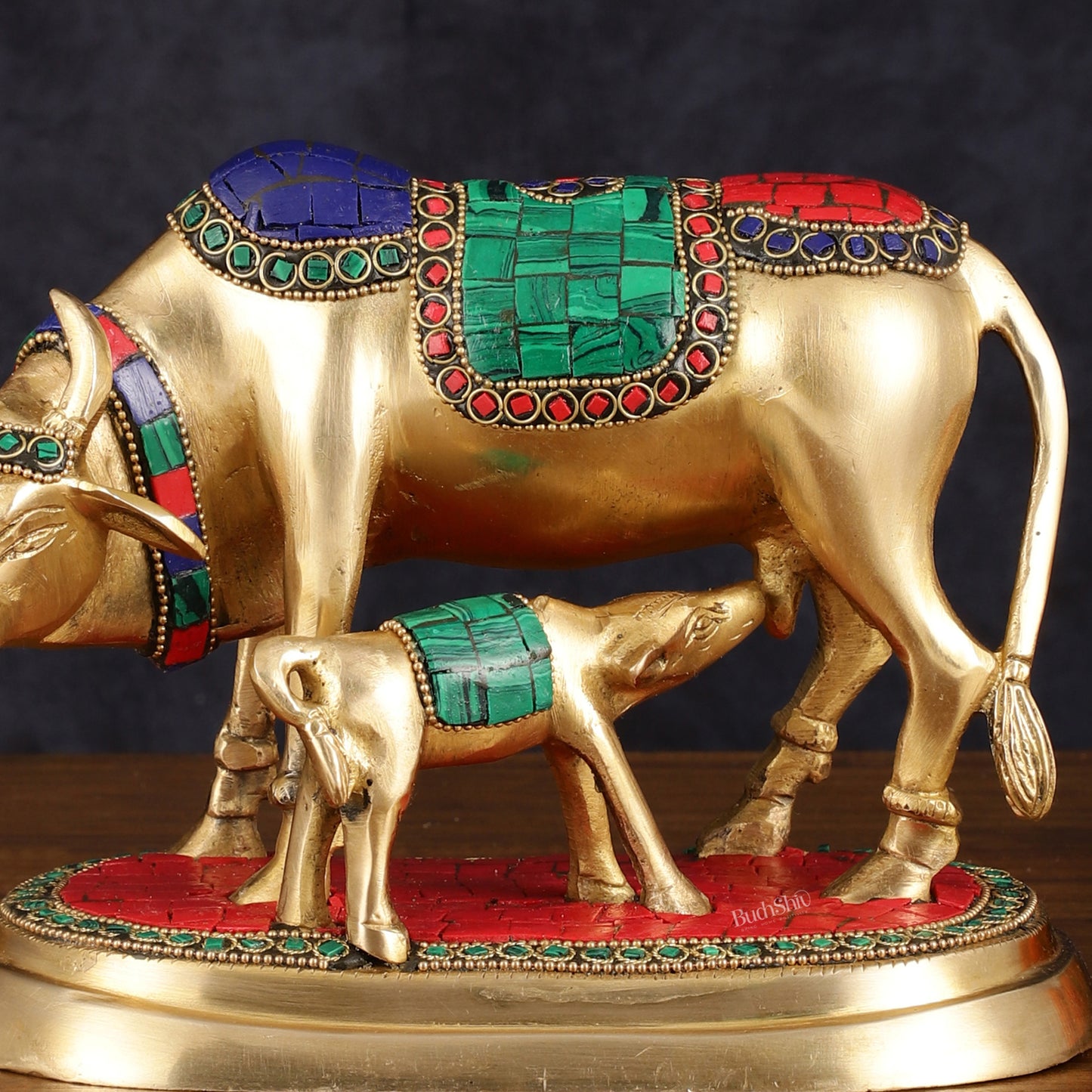 Exquisite Pure Brass Kamdhenu Cow and Calf Statue with Meenakari Stonework 8"