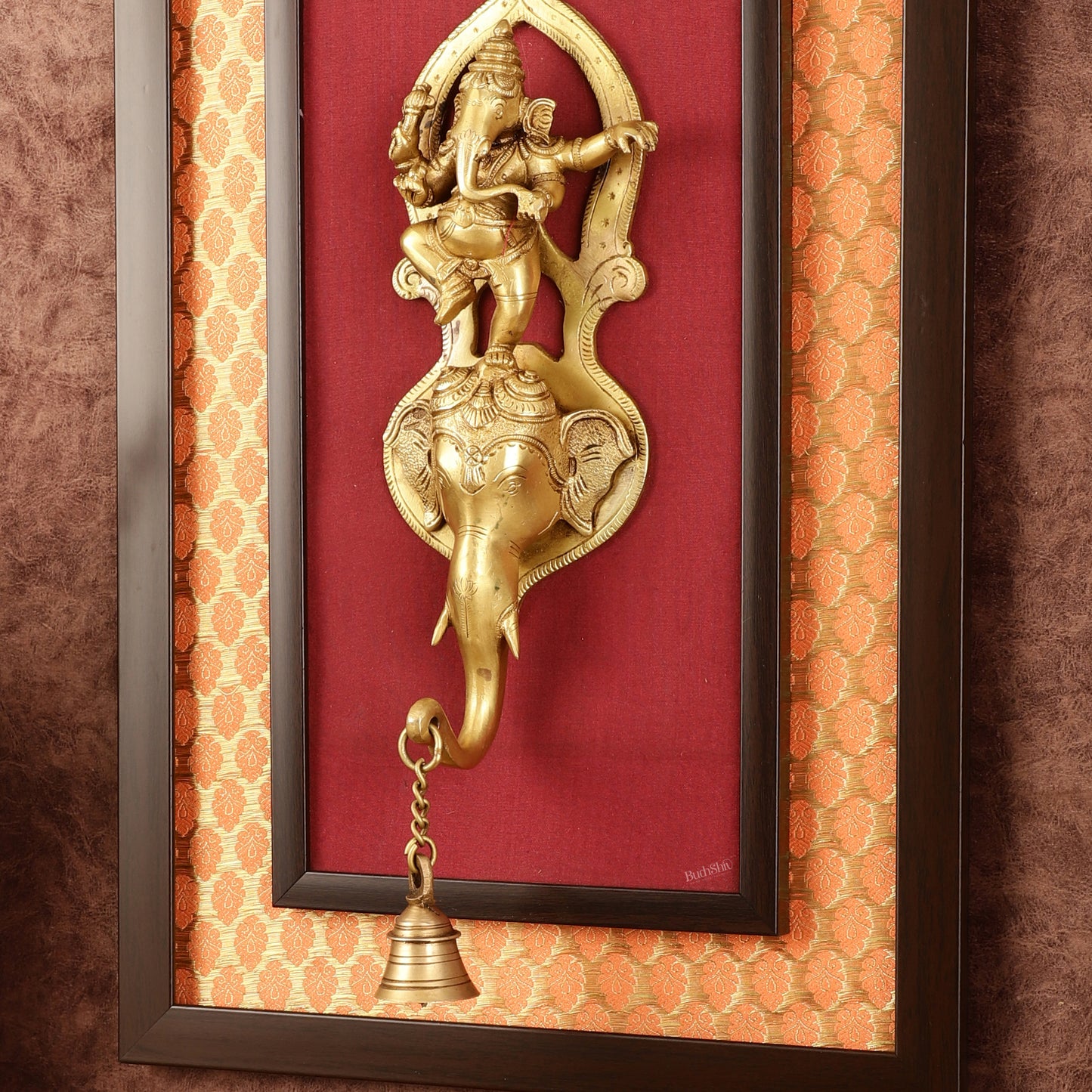 Brass Dancing Ganesha Wall Hanging on Wooden Frame with Premium Fabric - 20" x 13.5"