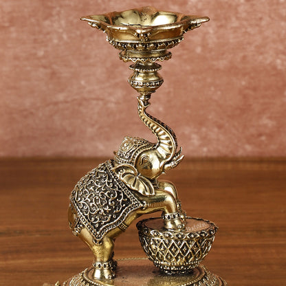 Brass Jumping Elephant Lamp Oil Diya | 6 Inch Height