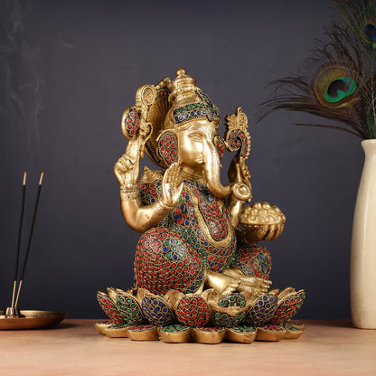 Pure Brass Ganesha Seated on Lotus Idol 11 inch