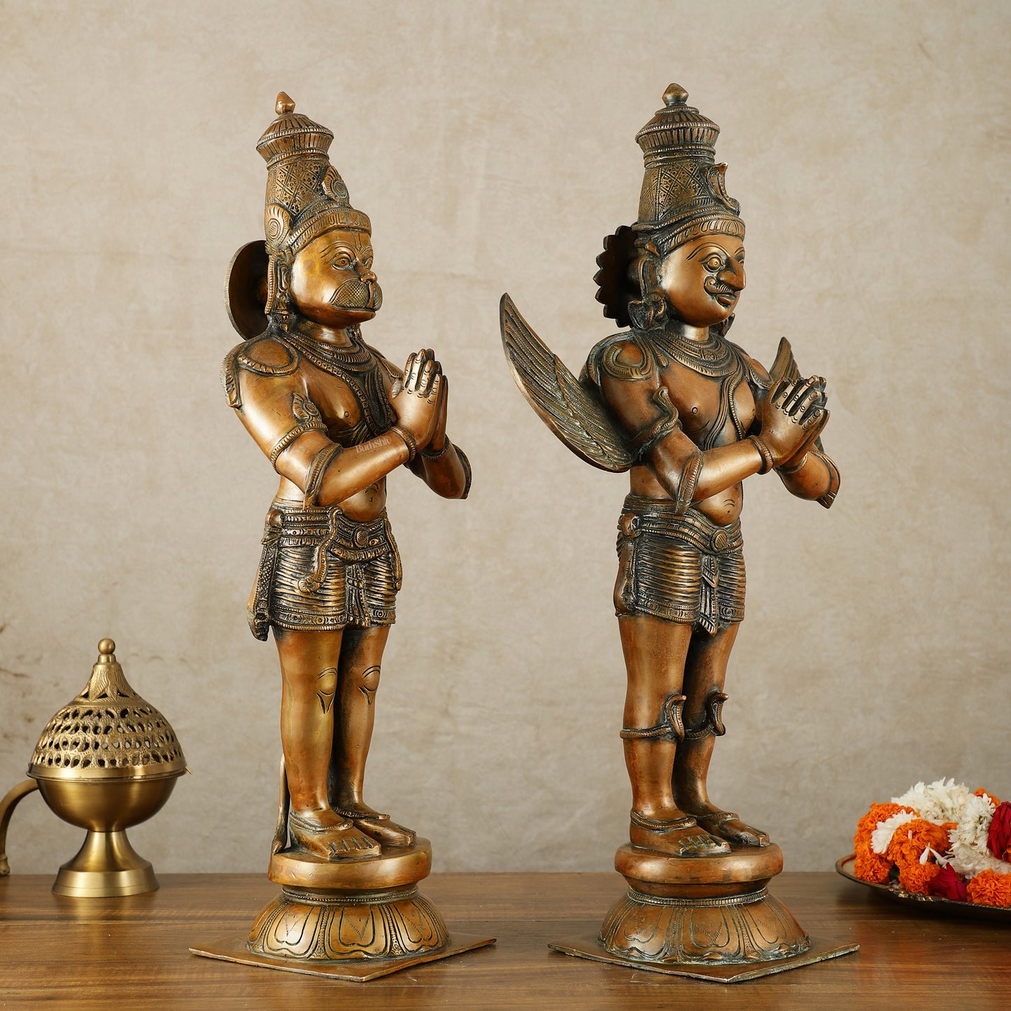 Pure Brass Lord Hanuman and Garuda Statue pair 22" vintage bronze tone