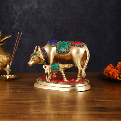 Exquisite Pure Brass Kamdhenu Cow and Calf Statue with Meenakari Stonework 8"