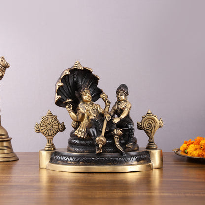 Brass Resting Vishnu Lakshmi Narayan with Shankh Chakra Statue - 8.5 Inch