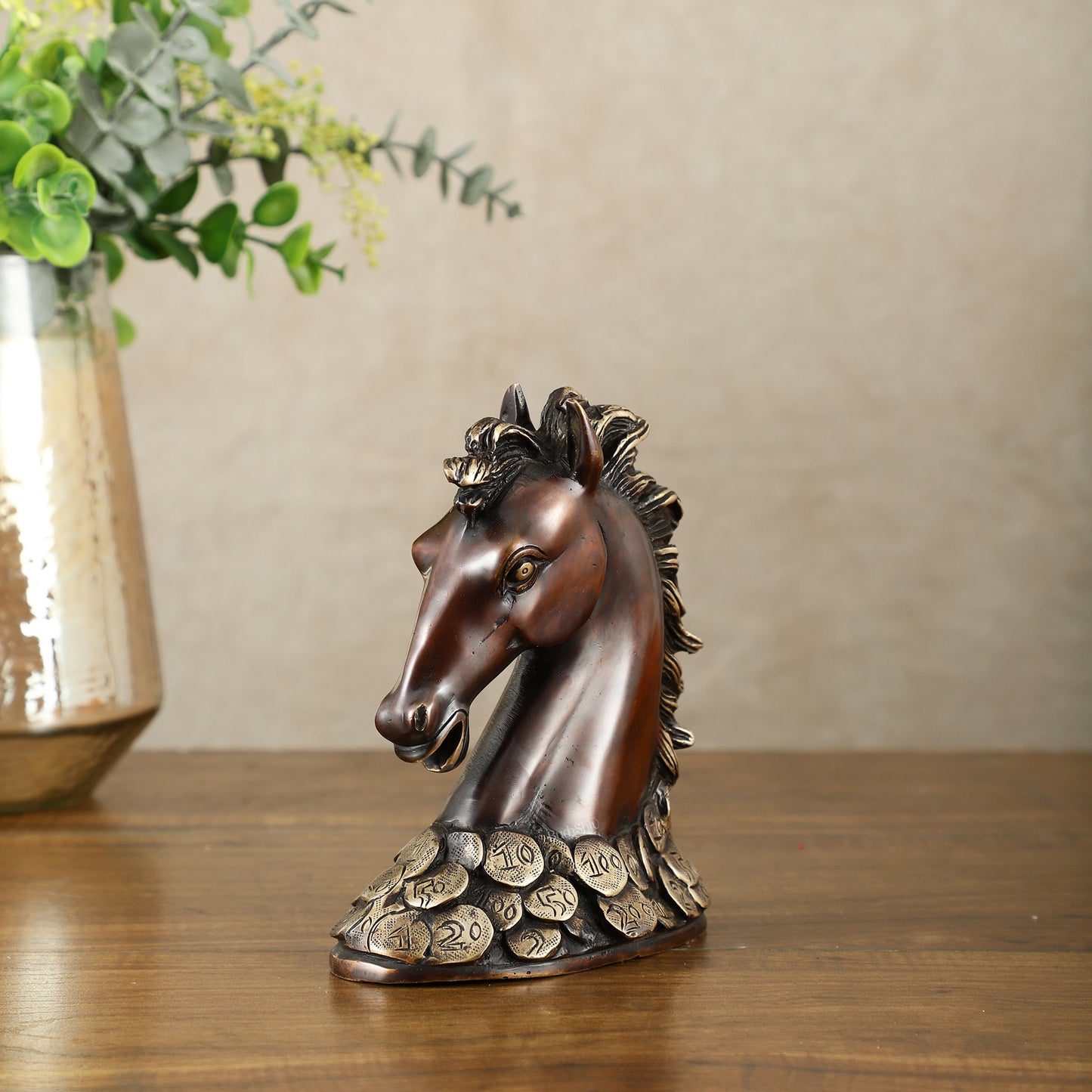 Vastu Feng Shui Lucky Brown Horse Head with Coins Brass Showpiece | 7"