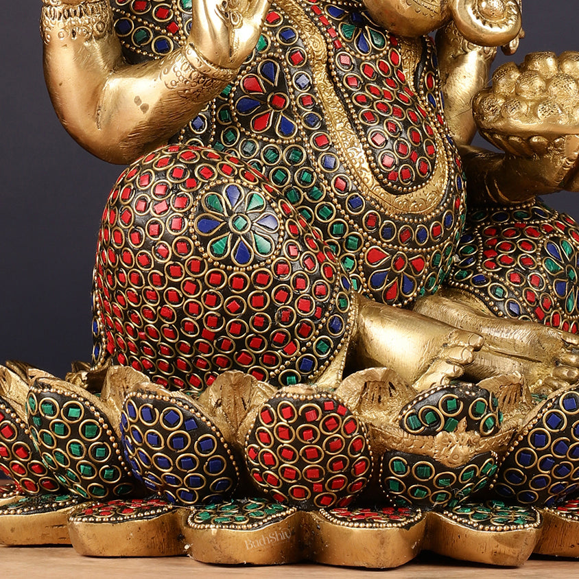 Pure Brass Ganesha Seated on Lotus Idol 11 inch