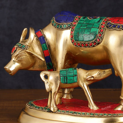 Exquisite Pure Brass Kamdhenu Cow and Calf Statue with Meenakari Stonework 8"