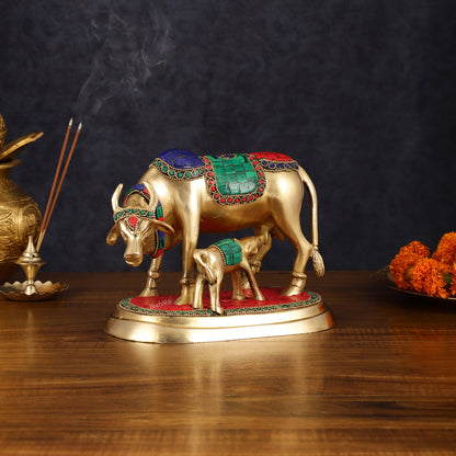 Exquisite Pure Brass Kamdhenu Cow and Calf Statue with Meenakari Stonework 8"