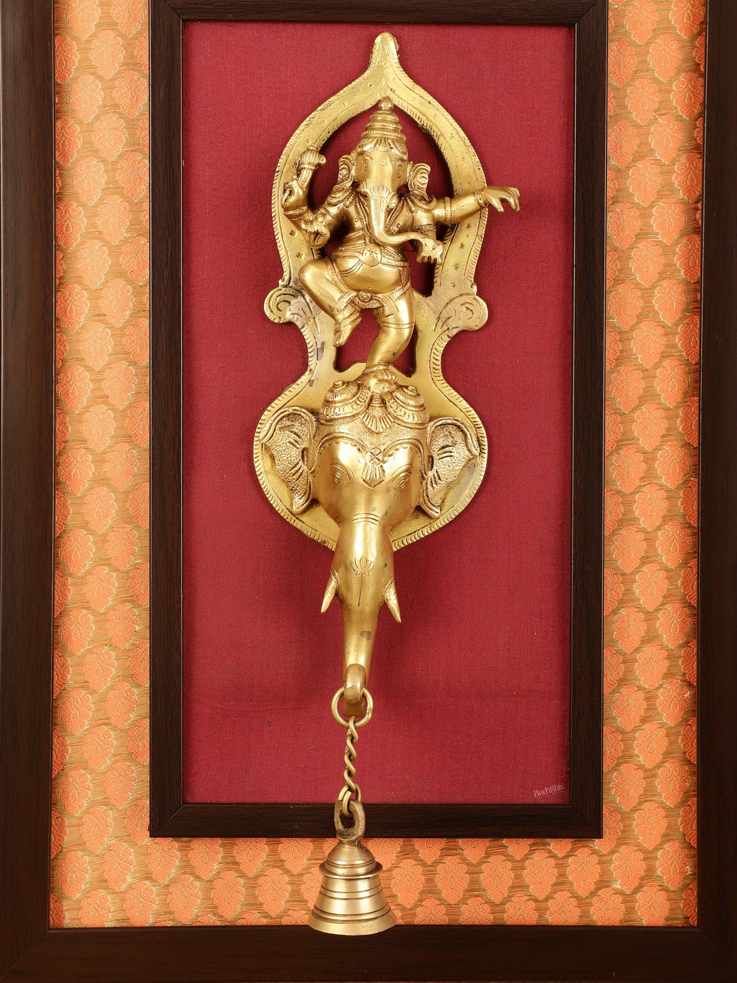 Brass Dancing Ganesha Wall Hanging on Wooden Frame with Premium Fabric - 20" x 13.5"