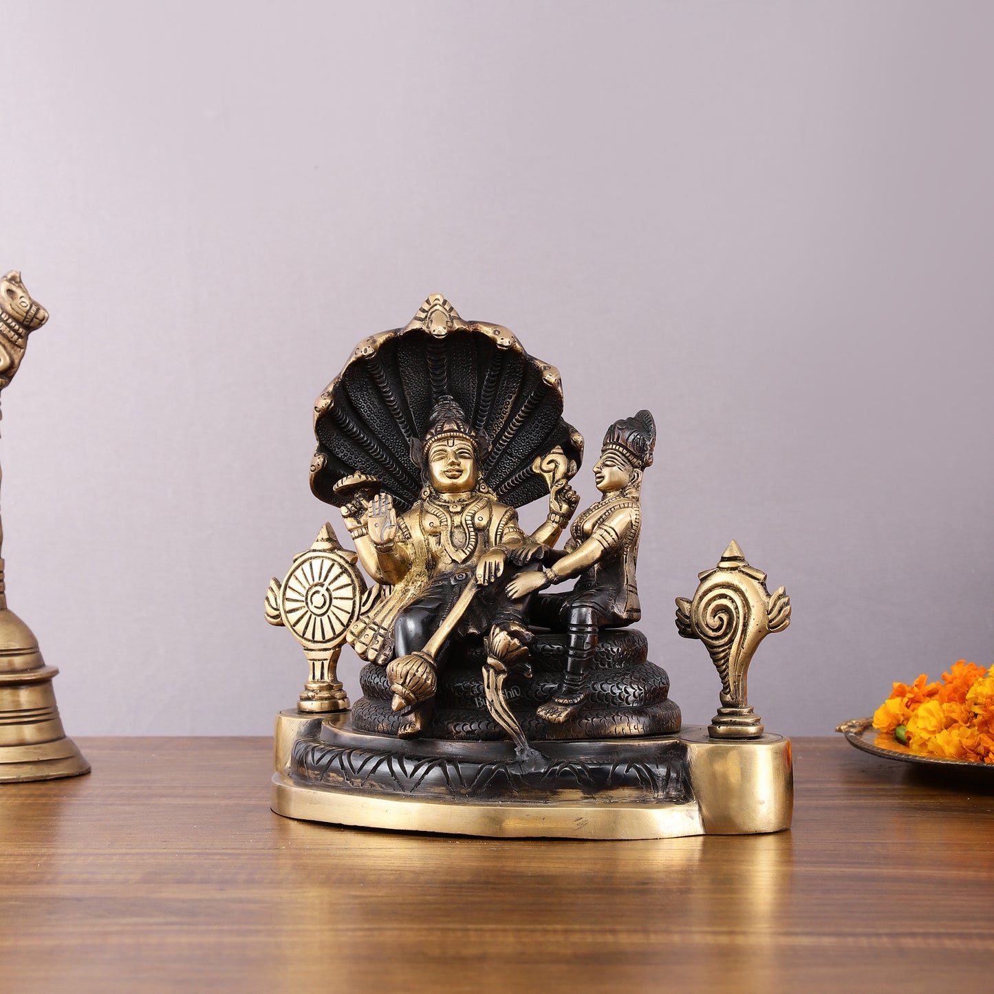 Brass Resting Vishnu Lakshmi Narayan with Shankh Chakra Statue - 8.5 Inch