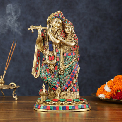 Brass Radha Krishna Idol 12 inch with stonework