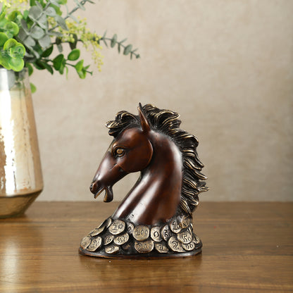 Vastu Feng Shui Lucky Brown Horse Head with Coins Brass Showpiece | 7"