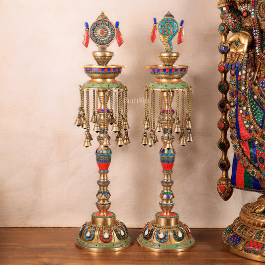 Multicolored Superfine Brass Shankh Chakra Oil Lamps - Pair 30 inch