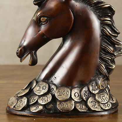 Vastu Feng Shui Lucky Brown Horse Head with Coins Brass Showpiece | 7"