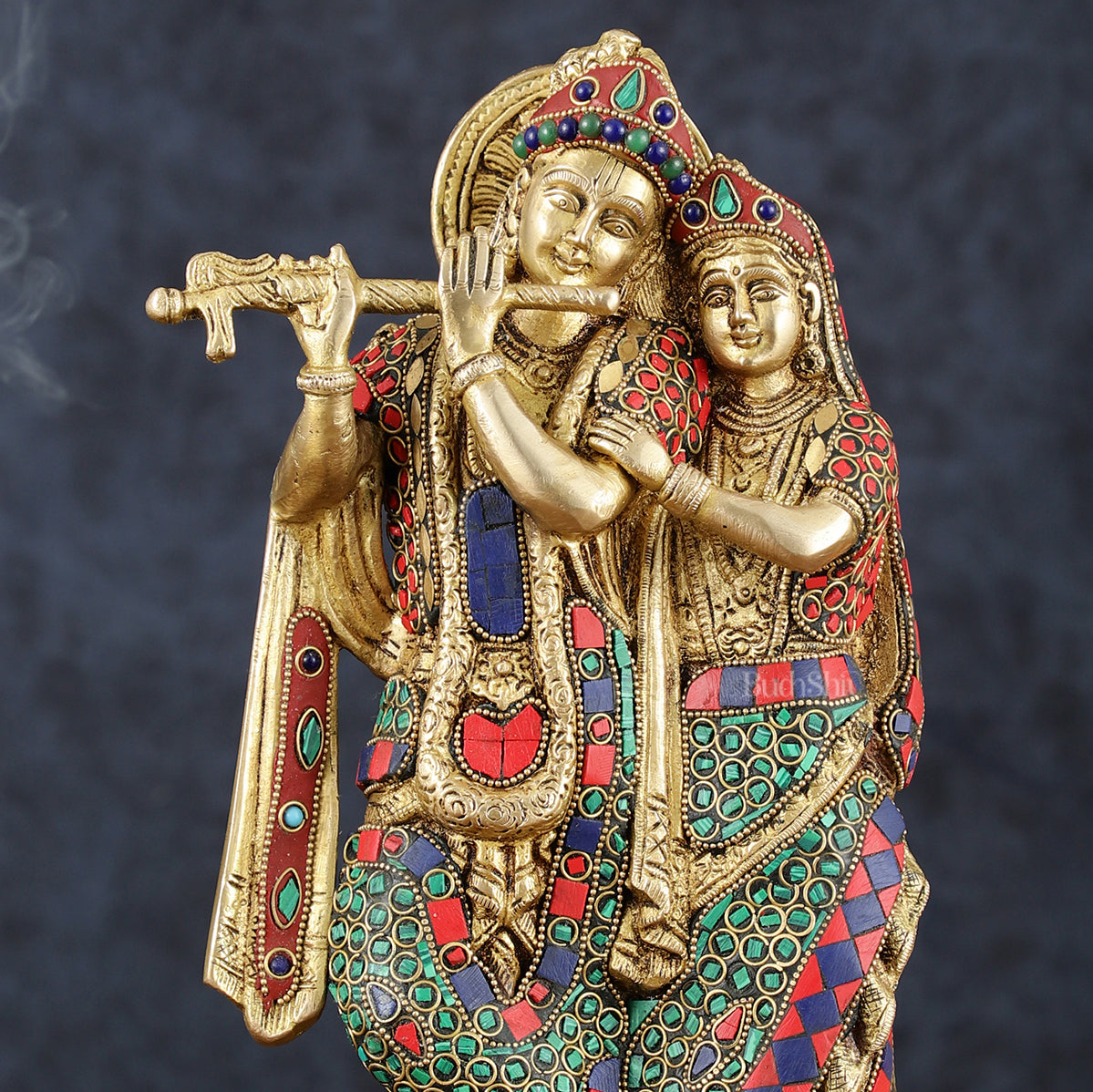 Brass Radha Krishna Idol 12 inch with stonework