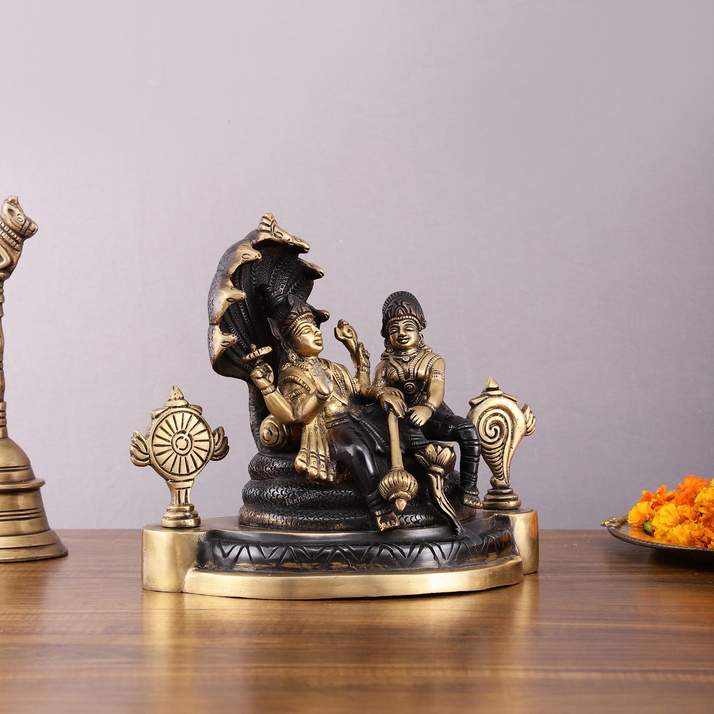 Brass Resting Vishnu Lakshmi Narayan with Shankh Chakra Statue - 8.5 Inch