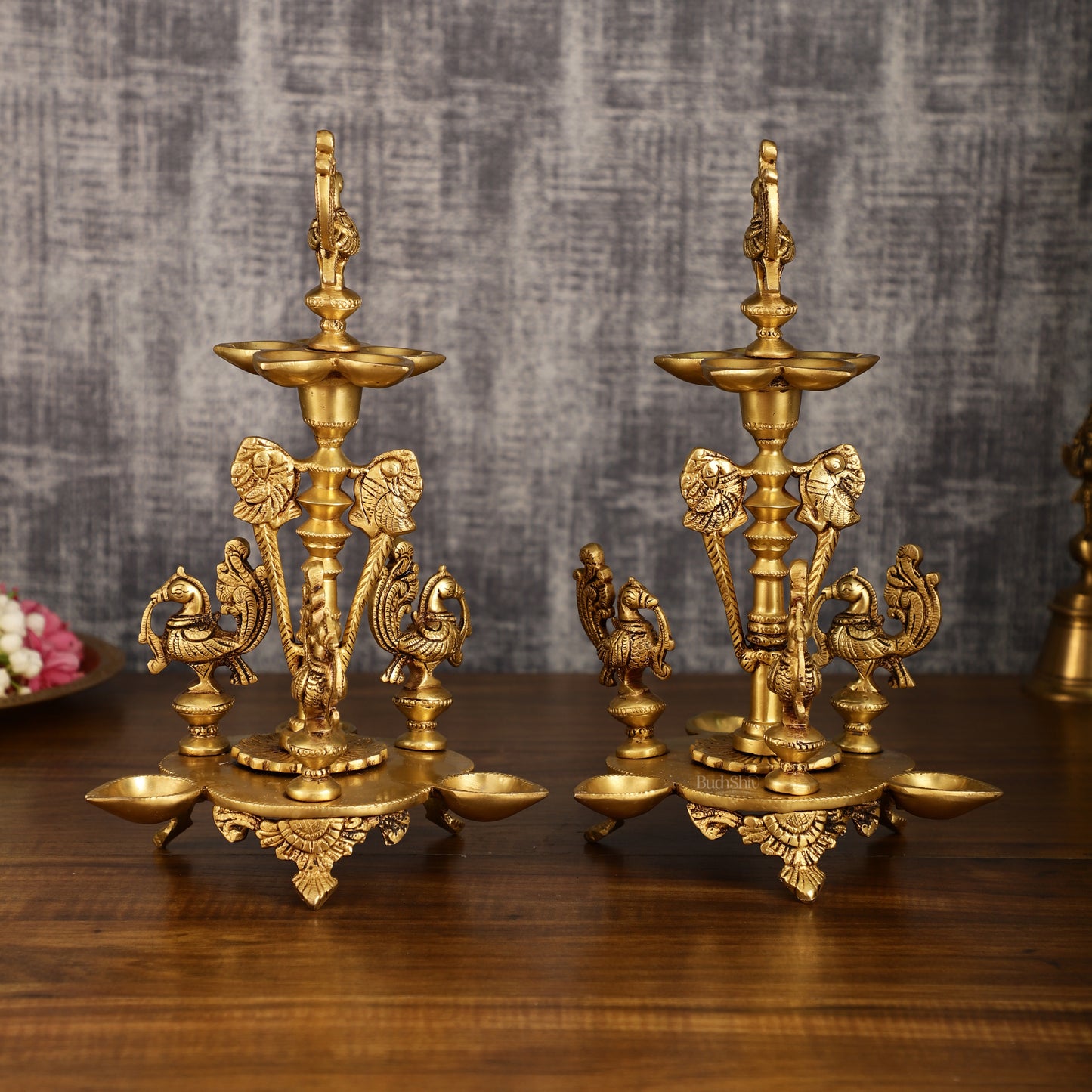 Brass Handcrafted Peacock Diya with Eight Diyas | 12 Inch Height