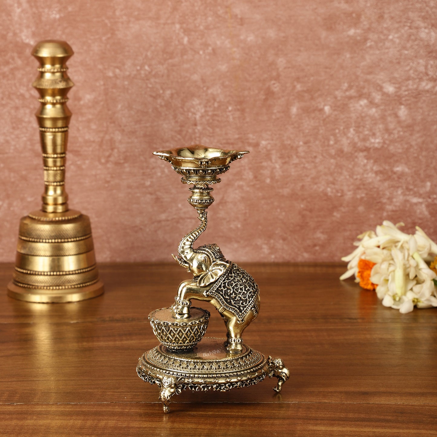 Brass Jumping Elephant Lamp Oil Diya | 6 Inch Height