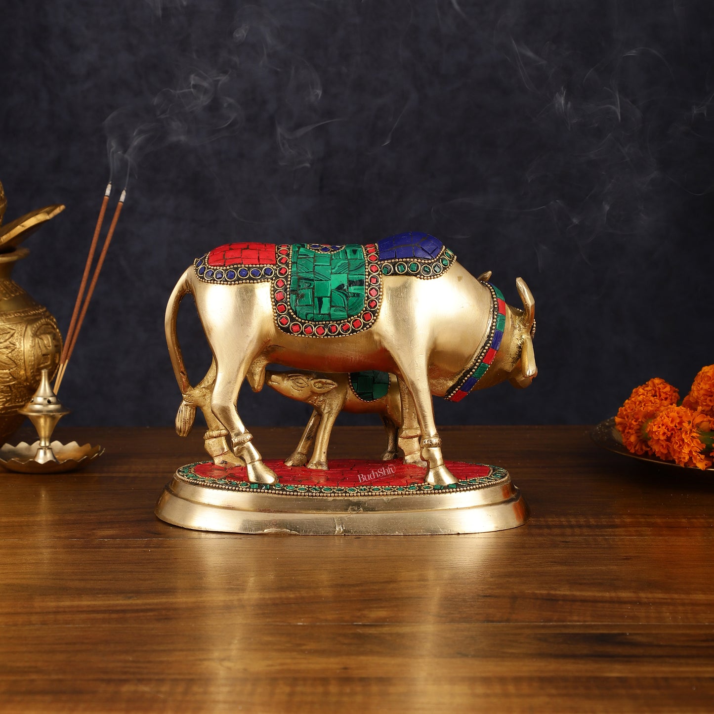 Exquisite Pure Brass Kamdhenu Cow and Calf Statue with Meenakari Stonework 8"