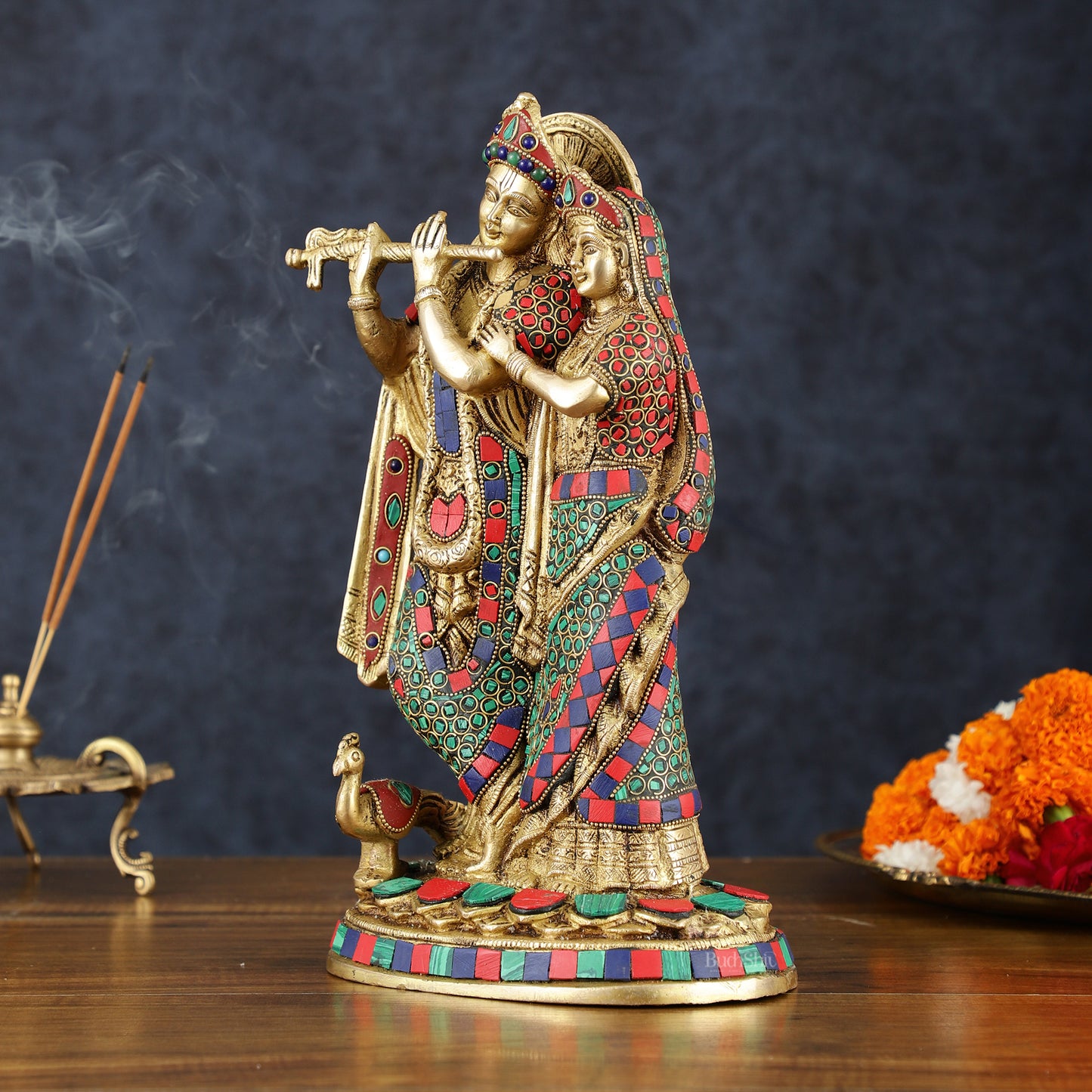 Brass Radha Krishna Idol 12 inch with stonework