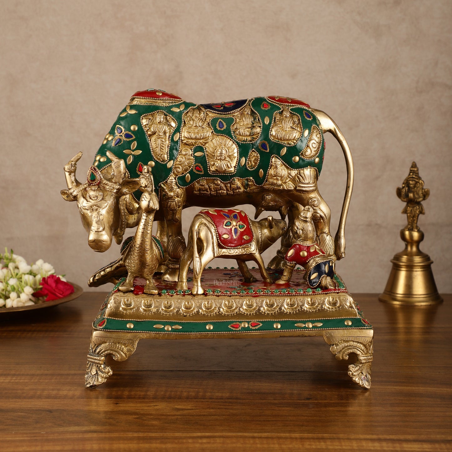 Superfine Brass Kaamdhenu Statue with Hindu Deities and Meenakari Stonework | 10x10x7 Inch