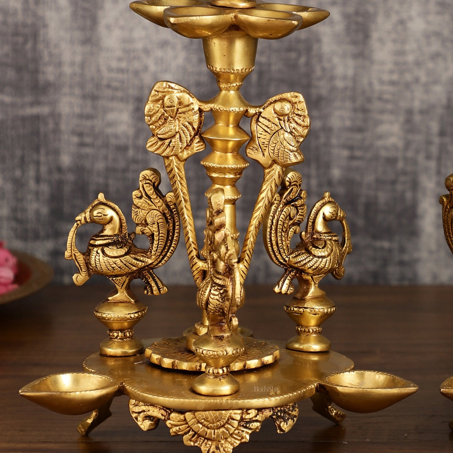 Brass Handcrafted Peacock Diya with Eight Diyas | 12 Inch Height