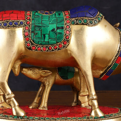 Exquisite Pure Brass Kamdhenu Cow and Calf Statue with Meenakari Stonework 8"