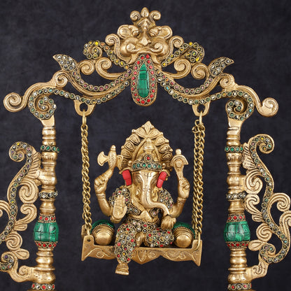 Handcrafted Brass Kirtimukha Ganesha on Swing with Stonework, 20" Height