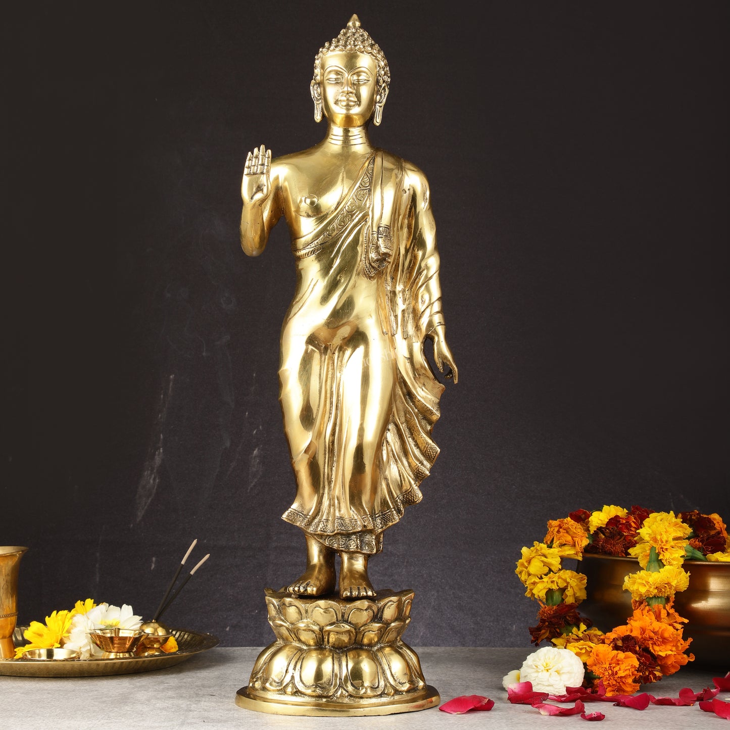 Brass Standing Buddha Statue | 21.5"