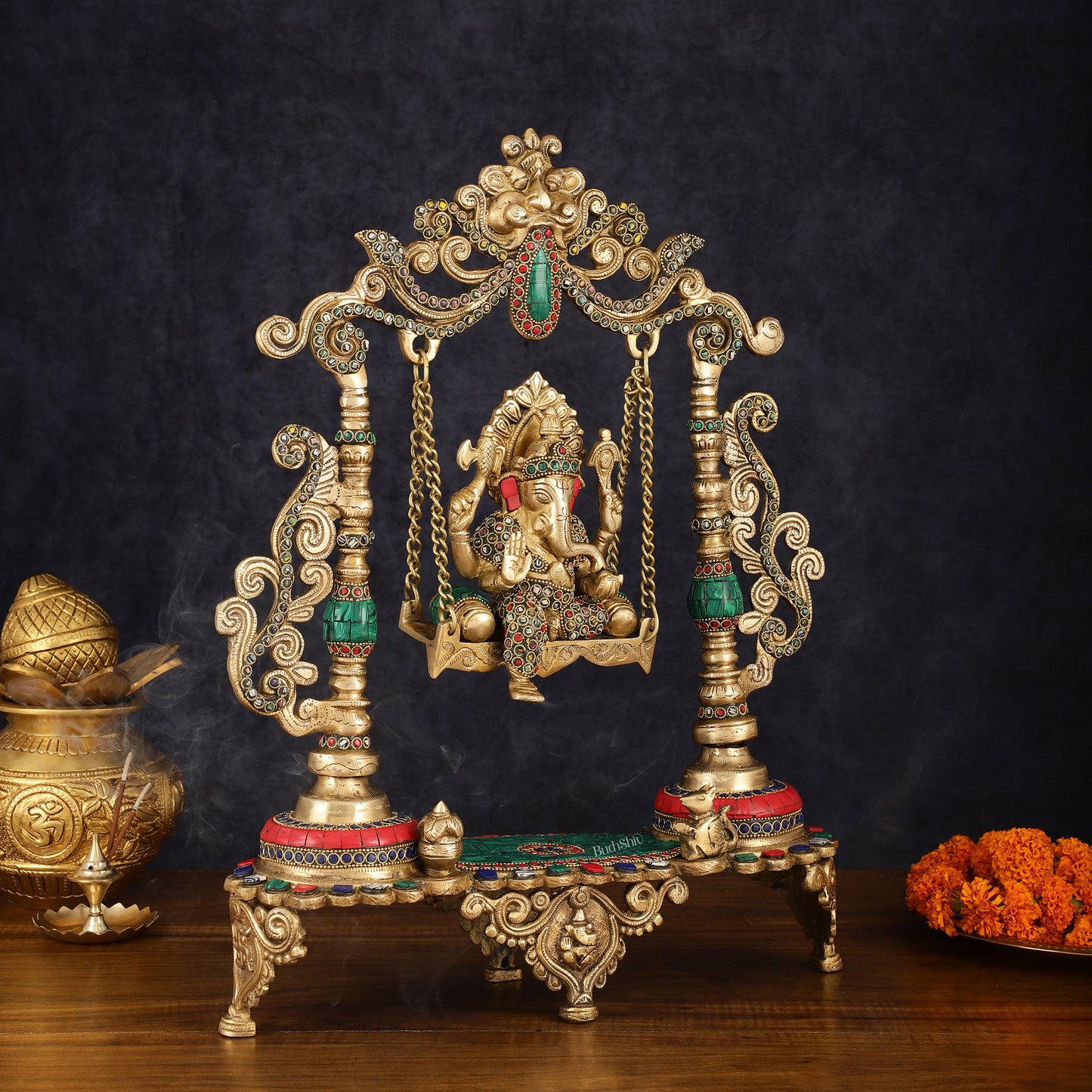 Handcrafted Brass Kirtimukha Ganesha on Swing with Stonework, 20" Height