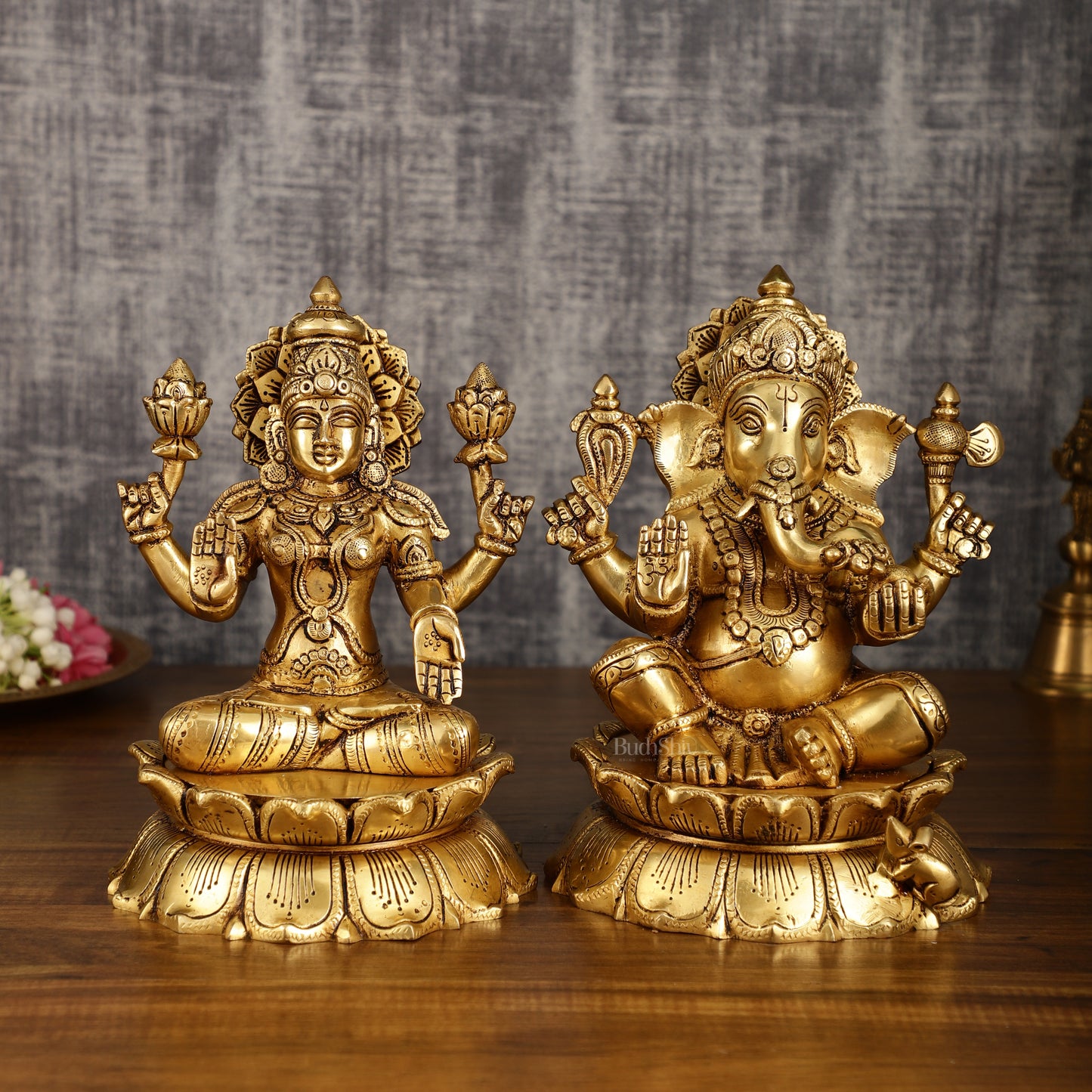 Brass Superfine Ganesha and Lakshmi Statues on Lotus | 9 Inch