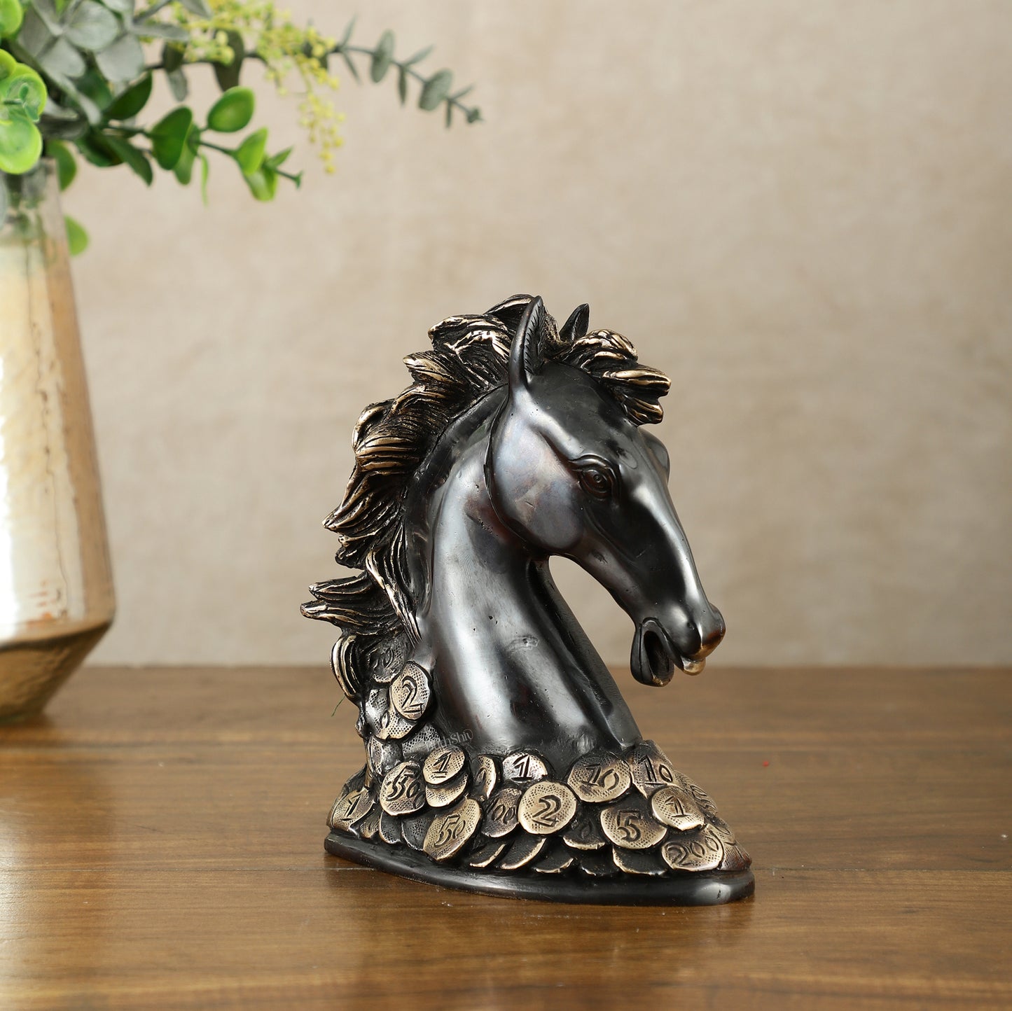 Vastu Feng Shui Lucky Black Horse Head with Coins Brass Showpiece | 7"