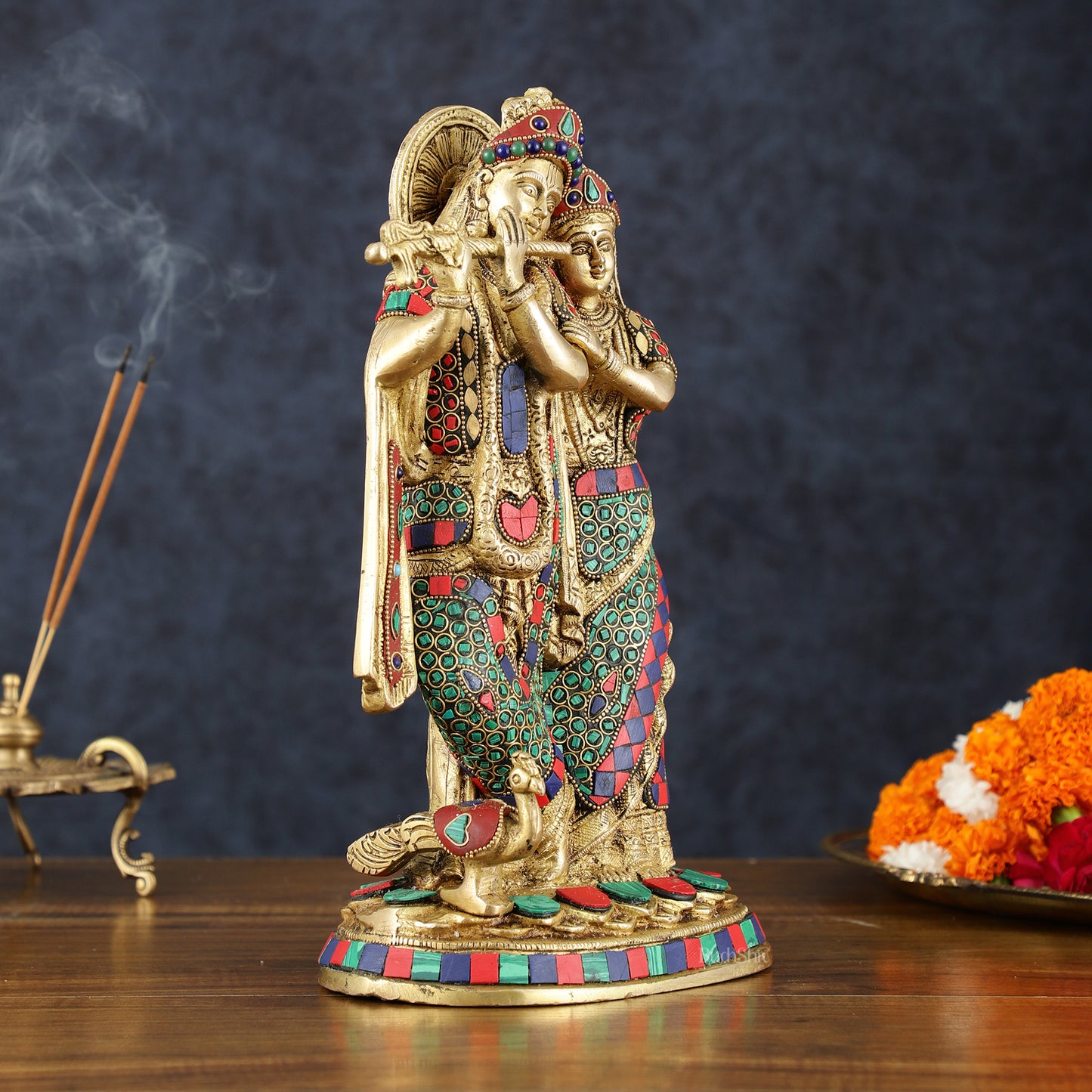 Brass Radha Krishna Idol 12 inch with stonework