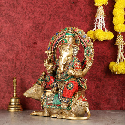 Ganapati sitting on large mouse brass statue 16"