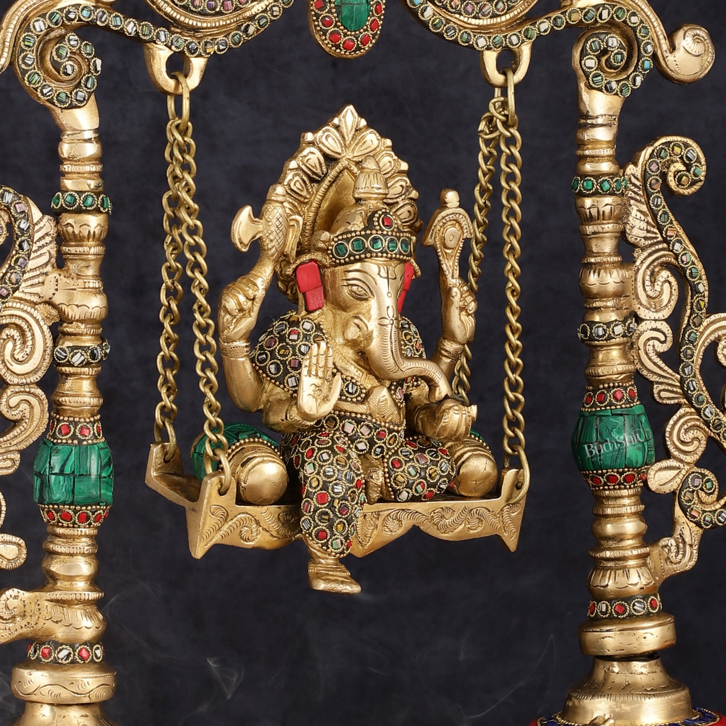 Handcrafted Brass Kirtimukha Ganesha on Swing with Stonework, 20" Height