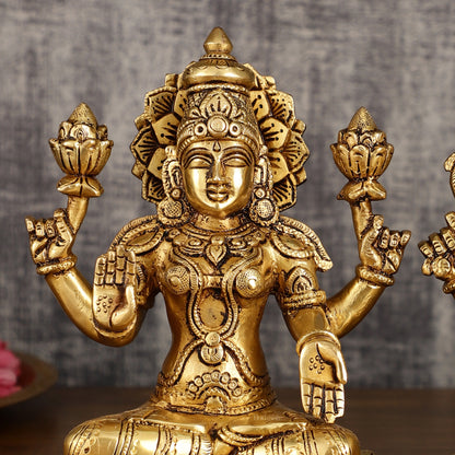 Brass Superfine Ganesha and Lakshmi Statues on Lotus | 9 Inch